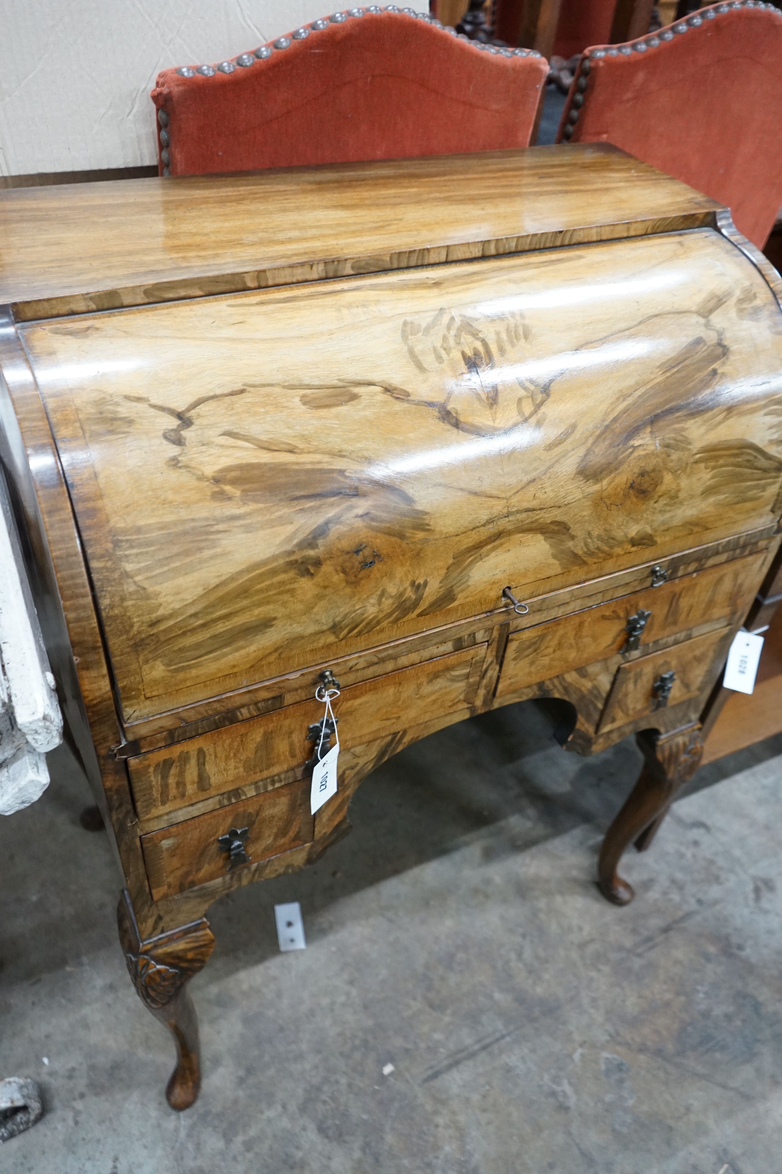 A George III style walnut and simulated walnut cylinder bureau, width 72cm, depth 42cm, height 98cm